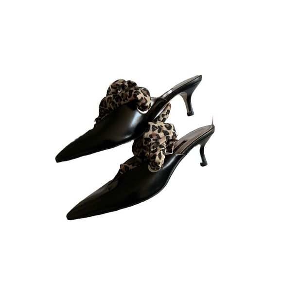 Zara Kitten Heel Pointy Slingback Leopard Scarf Black Leather Pumps Size 37 - Picture 8 of 11